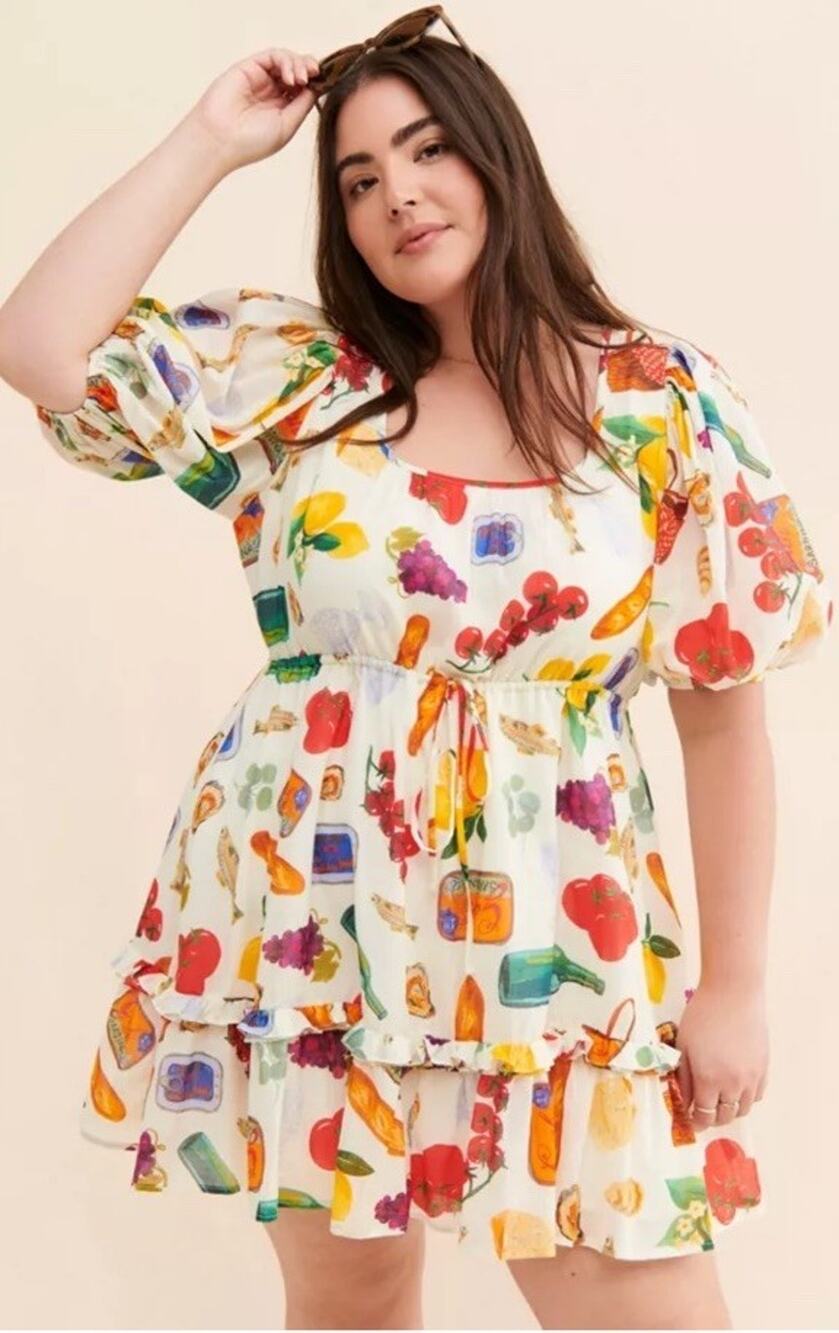 Lisa Says Gah Leila Mini Dress 3XL Farmers Market Print Cotton Puff Sleeve